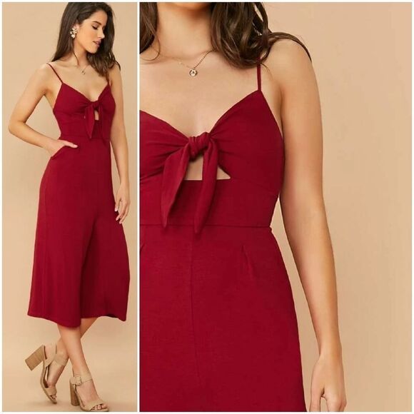 🔸️Red Cutout Tie Front Culotte Sleeveless Jumpsuit XSmall - Picture 1 of 15